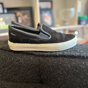 Salvatore Ferragamo Black Pony Hair and White Slip-On Loafers